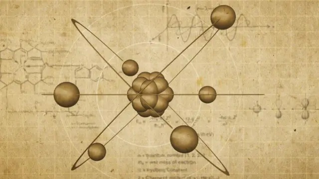 Desenho de um átomo com aparência antiga