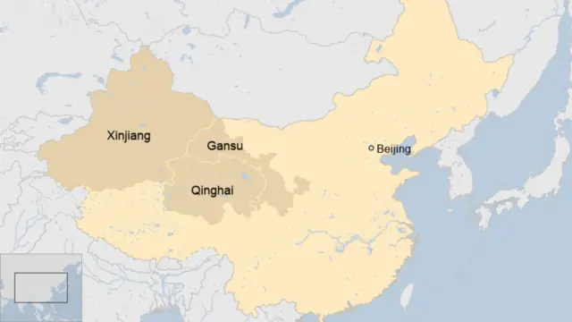 북서부 신장, 간쑤, 칭하이성을 표시한 지도