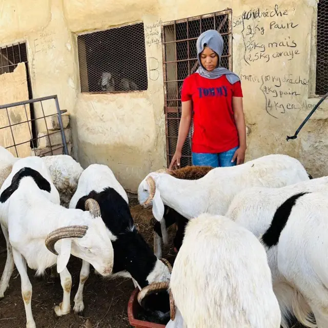 Madipa, une jeune entrepreneure de 25 ans avec ses moutons.
