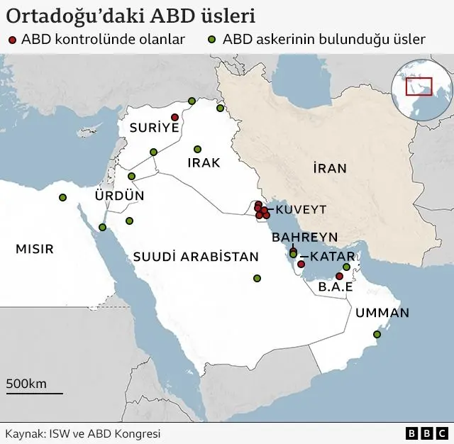 Ortadoğu'daki ABD üslerini gösteren harita