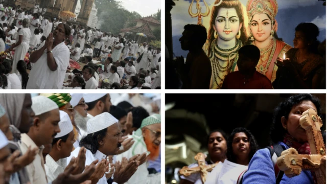 Collage foto wey show di four major religions for Sri Lanka - Buddhist, Hindu, Muslim and Christian