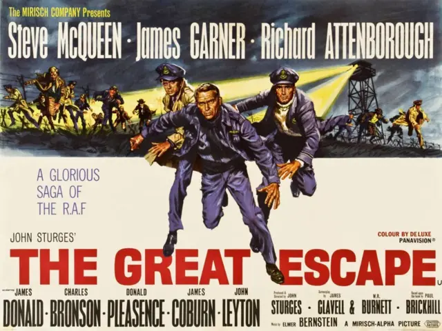 Poster film, The Great Escape, dari kiri: Richard Attenborough, Steve McQueen, James Garner, 1963.