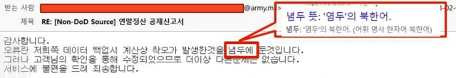 이메일 본문에 '념두'라는 표현이 사용된 모습