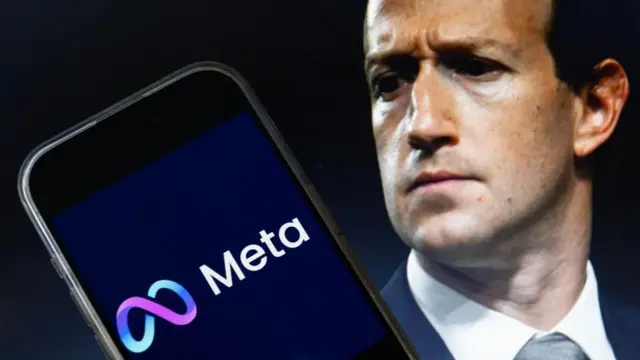 Montagem com fotobet hojeZuckerberg e celular com logo da Meta na tela