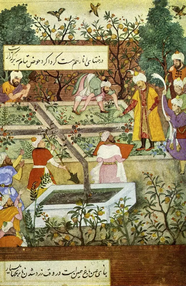 બગીચાના કામનું નિરીક્ષણ કરતાં બાબર જે મુગલ વંશના સંસ્થાપક હતા