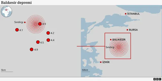 Balıkesir, İstanbul, Bursa ve İzmir'i gösteren bir harita