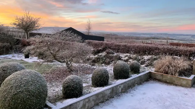 La imagen muestra nieve y escarcha en un jardín. La nieve se ha acumulado en lo que parece ser un patio y en una zona de césped y pequeños arbustos.