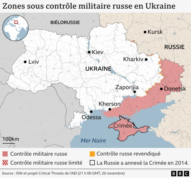 Carte de l'Ukraine montrant environ 20 % de la région orientale contrôlée par l'armée russe. Elle montre des zones beaucoup plus petites où le contrôle militaire russe est limité et celles revendiquées par la Russie. La Crimée est représentée comme étant sous contrôle russe depuis son annexion par la Russie en 2014.