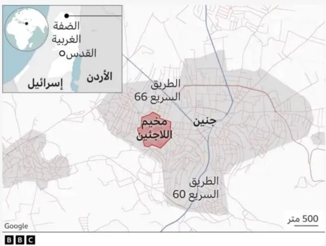 خريطة تظهر موقع مدينة جنين في الضفة الغربية
