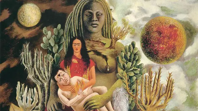 "El abrazo de amor del Universo, la Tierra (México), yo, Diego y el señor Xólotl", una obra de la pintora mexicana Frida Kahlo. Forma parte de la colección de Jacques y Natasha Gelman.