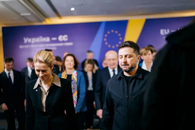 Володимир Зеленський та Верховний представник ЄС із закордонних справ Кая Каллас беруть участь у неформальному засіданні Ради ЄС із закордонних справ у Києві 31 березня 2026 року.