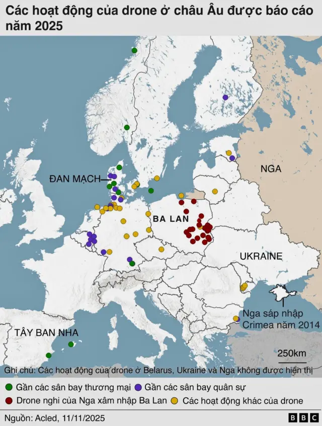 Bản đồ châu Âu có thể hiện vị trí drone tấn công