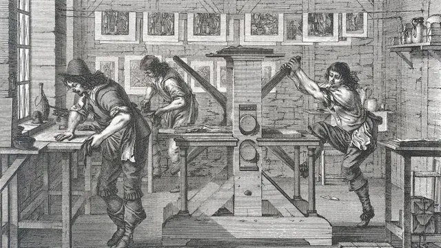 Grabado de una imprenta del siglo XVII