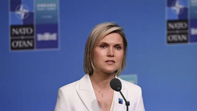 İzlanda'nın genç başbakanı, sarı küt saçlı ve beyaz bir takım giyiyor. Arkasında NATO yazılı bir pano önünde konuşuyor