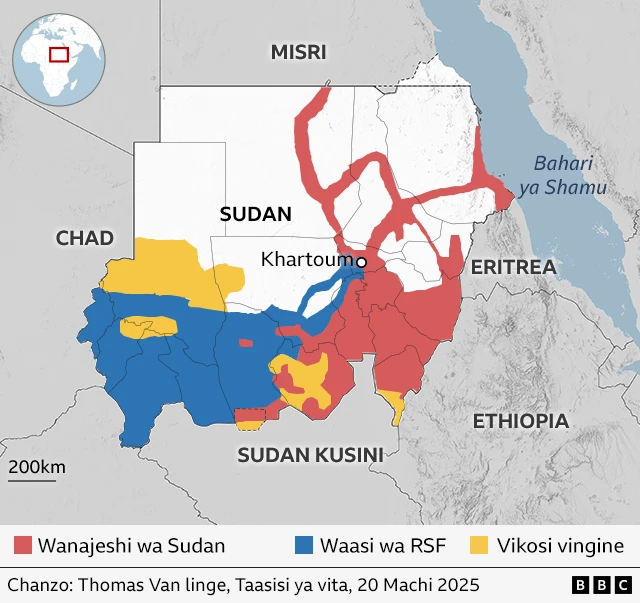 
Ramani inayoonyesha vikundi vinavyodhibiti Sudan, ikiangazia Jeshi la Sudan, Vikosi vya RSF na vikundi Vingine