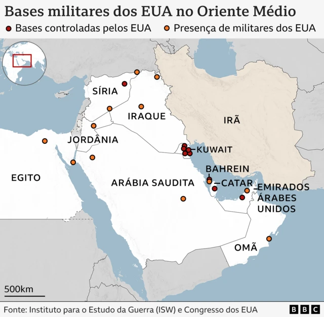 Gráfico mostra o mapa das bases militares dos EUA no Oriente Médio.