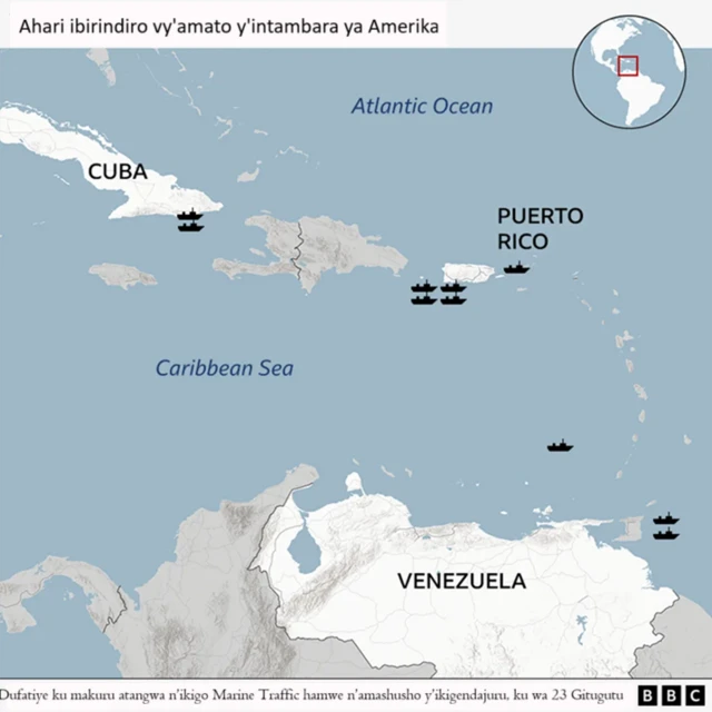 Ikarata yerekana ibirindiro cumi vy'amato y'intambara ya Amerika kuri Karayibe