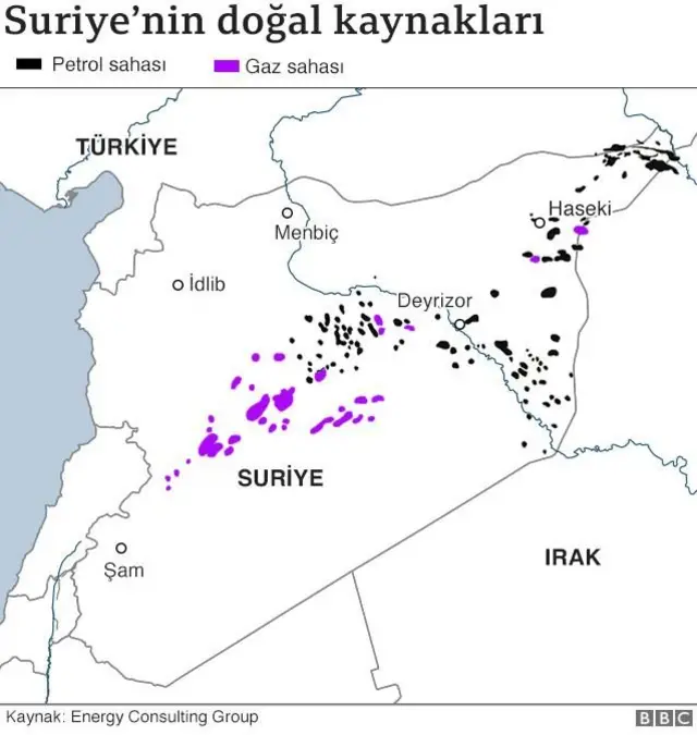 Suriye'deki doğal kaynakların konumu gösteren harita.