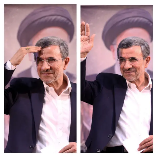 دو تصویر از محمود احمدینژاد در کنار هم، پشت سر او تصویر عمامه روح الله خمینی دیده میشود