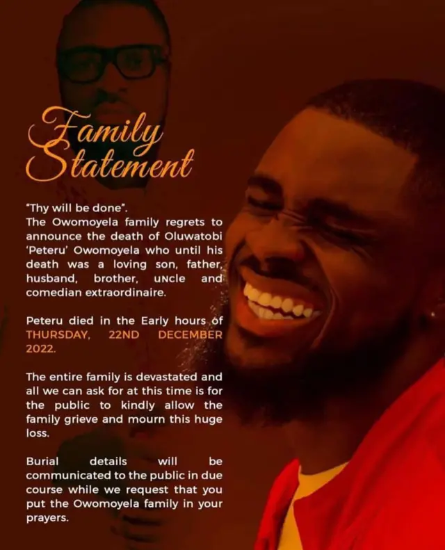 Family statement of di death of Peteru