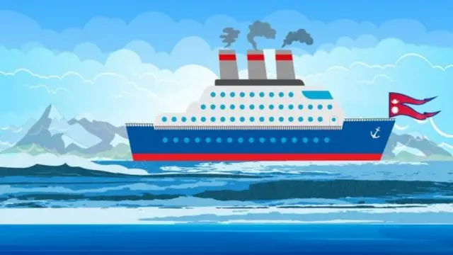 समुद्रमा नेपाली झण्डाको पानीजहाज चलिरहेको ग्राफिक्स