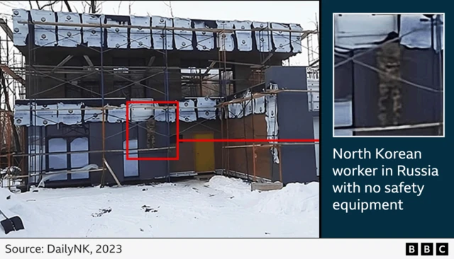 Picha ikimuonyesha mwanamume wa Korea Kaskazini anayefanya kazi kwenye tovuti ya ujenzi yenye theluji nchini Urusi bila vifaa vyovyote vya usalama