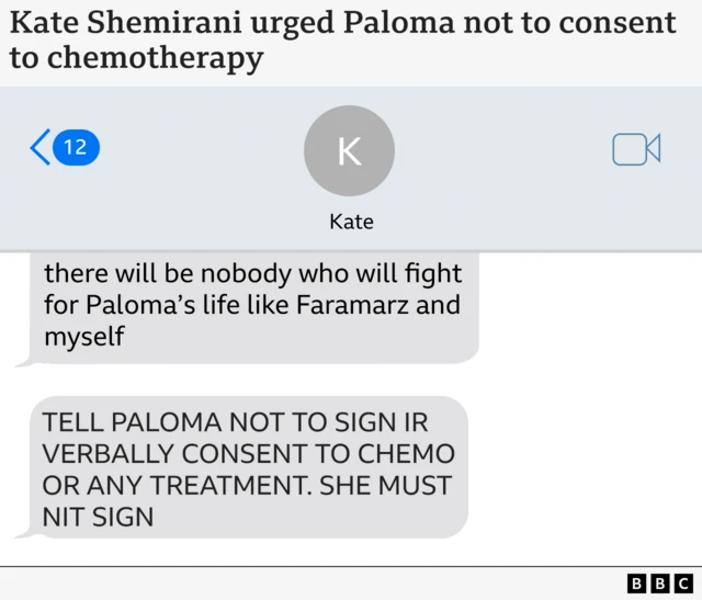 Poruke koje je poslala Kejt Šemirani. Tražila je od Palome da ne pristaje na hemioterapiju. „Niko se neće boriti za Palomin život kao Faramarz i ja.“ „RECI PALOMI DA NE POTPISUJE ILI VERBALNO PRISTAJE NA HEMIO ILI BILO KAKVO LEČENJE. NE SME DA POTPISUJE. 