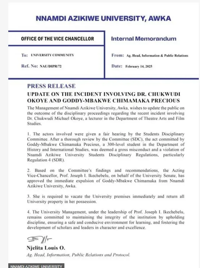 Aworan iwe atẹjade ti wọn fi kede lile Precious Goddy kuro nileewe naa.