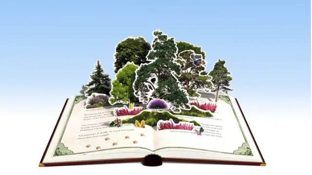 La imagen muestra un libro abierto con bosques de papel y follaje. El fondo es un degradado de azul a blanco que va de arriba abajo.