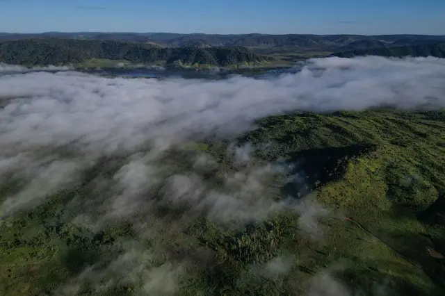 Foto aérea mostrando neblina sobre os campos no Estado do Pará