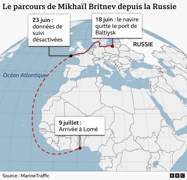 Le navire transportant des véhicules militaires a quitté le port de Baltiysk le 18 juin avant d'arriver à Lomé le 9 juillet. 