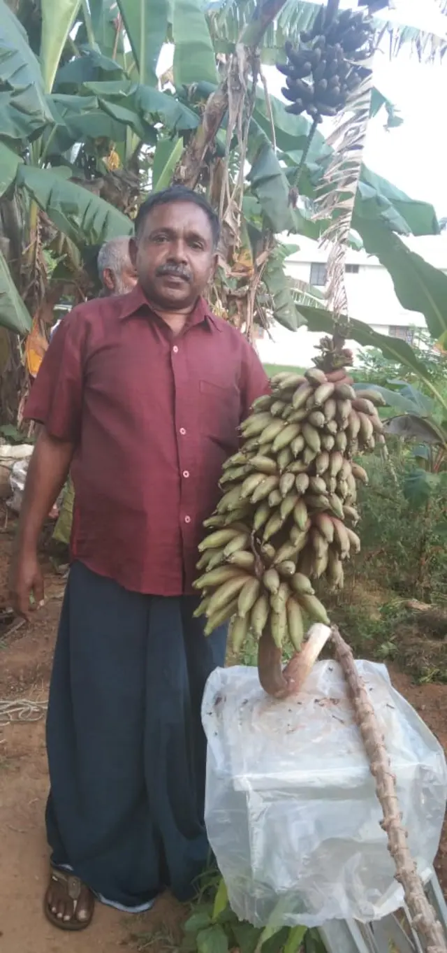 செம்மட்டி வாழைத் தாருடன் விவசாயி கிருஷ்ணகுமார்