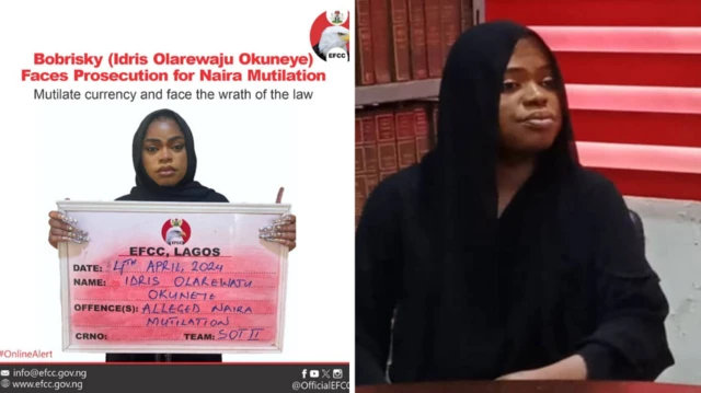 Bobrisky carry EFCC board on black outfit wit black veil looking sad