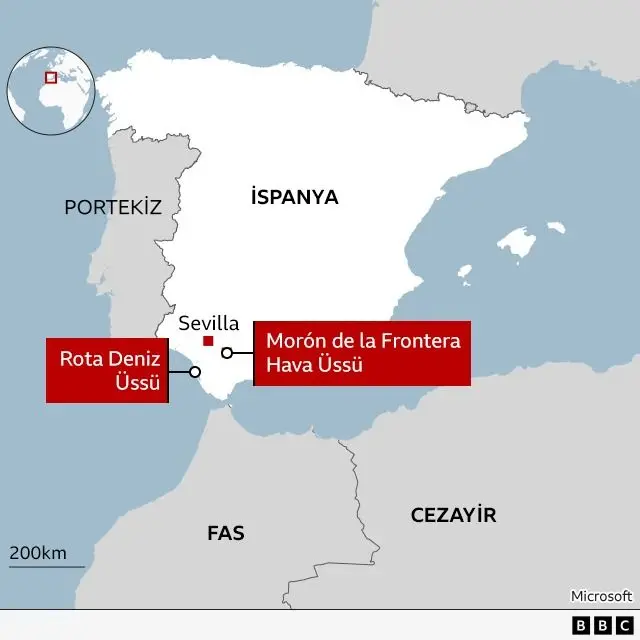 Rota Deniz Üssü ve Moron Hava Üssü'nü gösteren bir harita