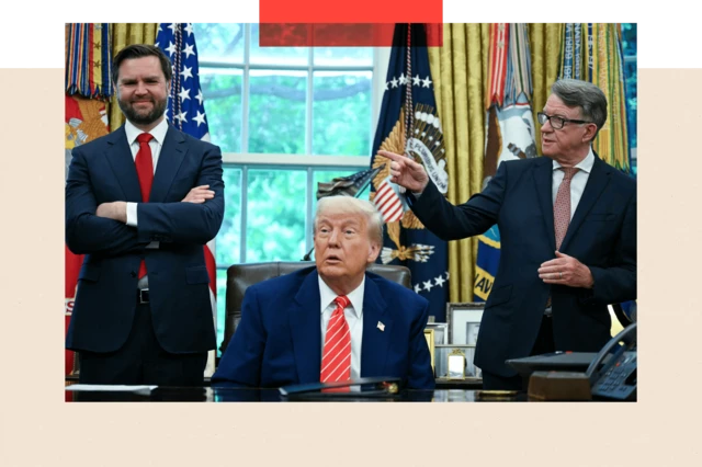 Lord Mandelson, người đã bị bãi nhiệm làm Đại sứ Anh tại Mỹ, trong ảnh cùng Trump và Vance