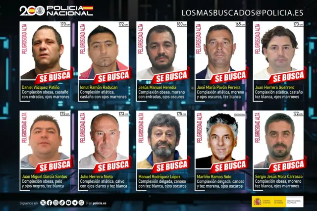 Las imágenes públicadas por la Policía Nacional de los 10 fugitivos más buscados. Ramos Soto es el segundo desde la izq en la columna inferior