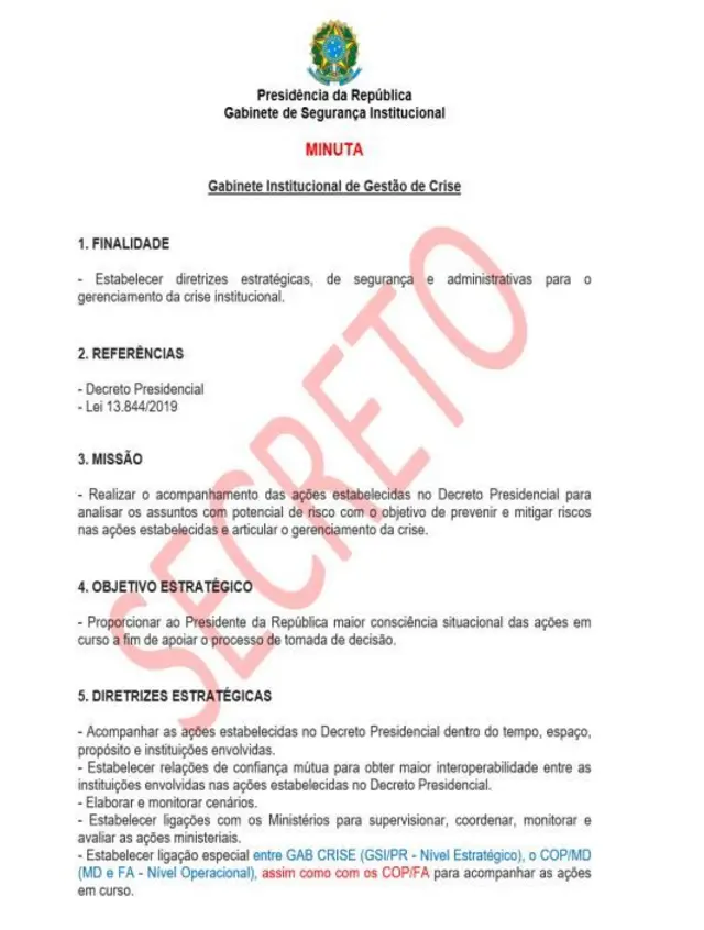 Documento digitalizado com marca d'água dizendo 'Secreto' e título 'Gabinete Institucional de Gestão de Crise'