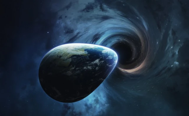 ภาพจำลองรูปทรงของโลกที่ถูกดึงให้ยืดขยายและบิดเบี้ยวโดยแรงโน้มถ่วงของหลุมดำ