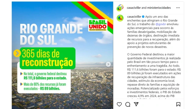 Reprodução de post da Casa Civil no Instagram sobre ações do governo federal no Rio Grande do Sul
