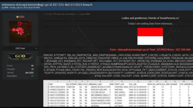 Hacker dengan nama anonim "RRR" menawarkan 337 juta data yang diduga dari Dukcapil Kemendagri di forum online hacker BreachForums.
