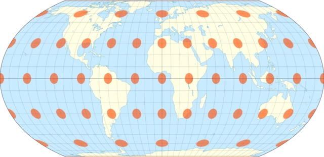 El mundo en una proyección Equal Earth, con una cuadrícula de 10° y las indicatrices de Tissot superpuestas. 
