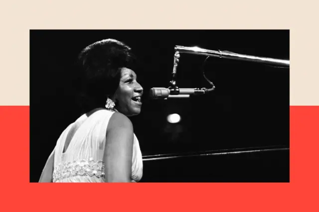 Aretha Franklin performing on a piano during the 'Soul Together' Concert at Madison Square Garden, New York