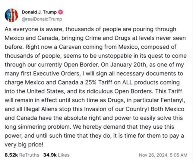 கனடா மீது 25 சதவிகிதம் வரி விதிப்பதாக ட்ரூத் சமூக வலைதளத்தில் டிரம்ப் வெளியிட்ட பதிவு