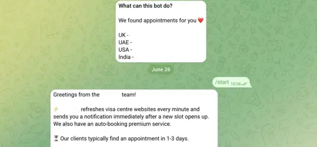 خدمة "bot" على تلغرام، تعد حرفاءها بالحصول على موعد خلال ثلاثة أيام