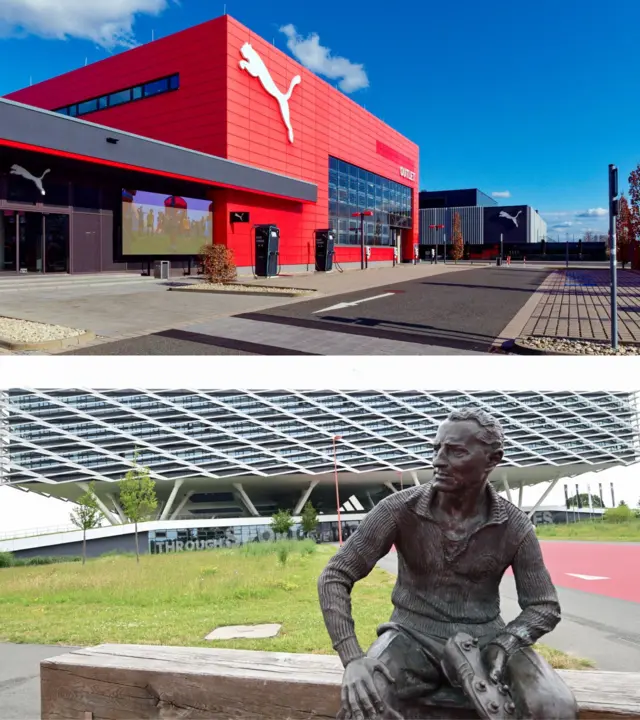 Imagen compuesta de la fábrica de Puma arriba, con uno de los edificios de color rojo vivo y el puma saltando de su marca en el frente, así como en otro edificio gris en el fondo. Abajo, una escultura que representa al fundador de Adidas, Adolf Dassler, frente a la sede de la empresa que se ve al fondo. 
