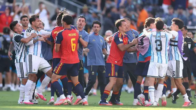 Players scuffle after the FIFA World Cup 2026 Final match between Spain and Argentina at New York New Jersey Stadium on July 19, 2026 in East Rutherford, New Jersey. (Photo by Lars Baron/Getty Images)