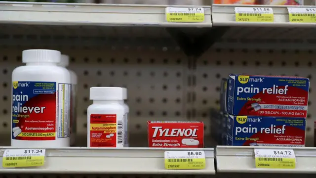 Tylenol i inne środki przeciwbólowe na półce w aptece