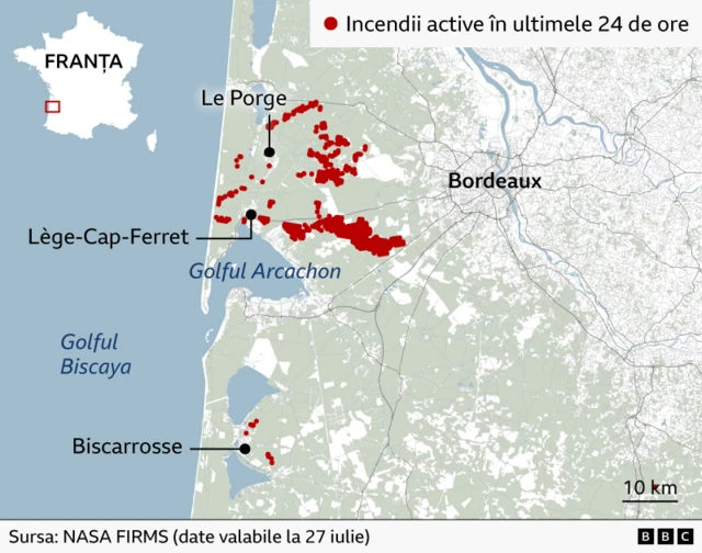 Incendiile de vegetație din sud-vestul Franței sunt marcate cu roșu pe o hartă în centrul căreia se află orașul Bordeaux. Datele furnizate de NASA FIRMS sunt valabile la 27 iulie.