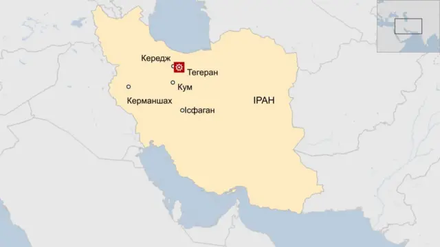 Мапа Ірану з позначеними містами: Кередж, Тегеран, Керманшах, Кум та Ісфаган.