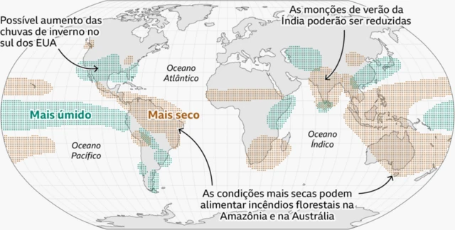 Mapa mundial mostra áreas em que clima ficará mais seco ou mais úmido por conta do El Niño